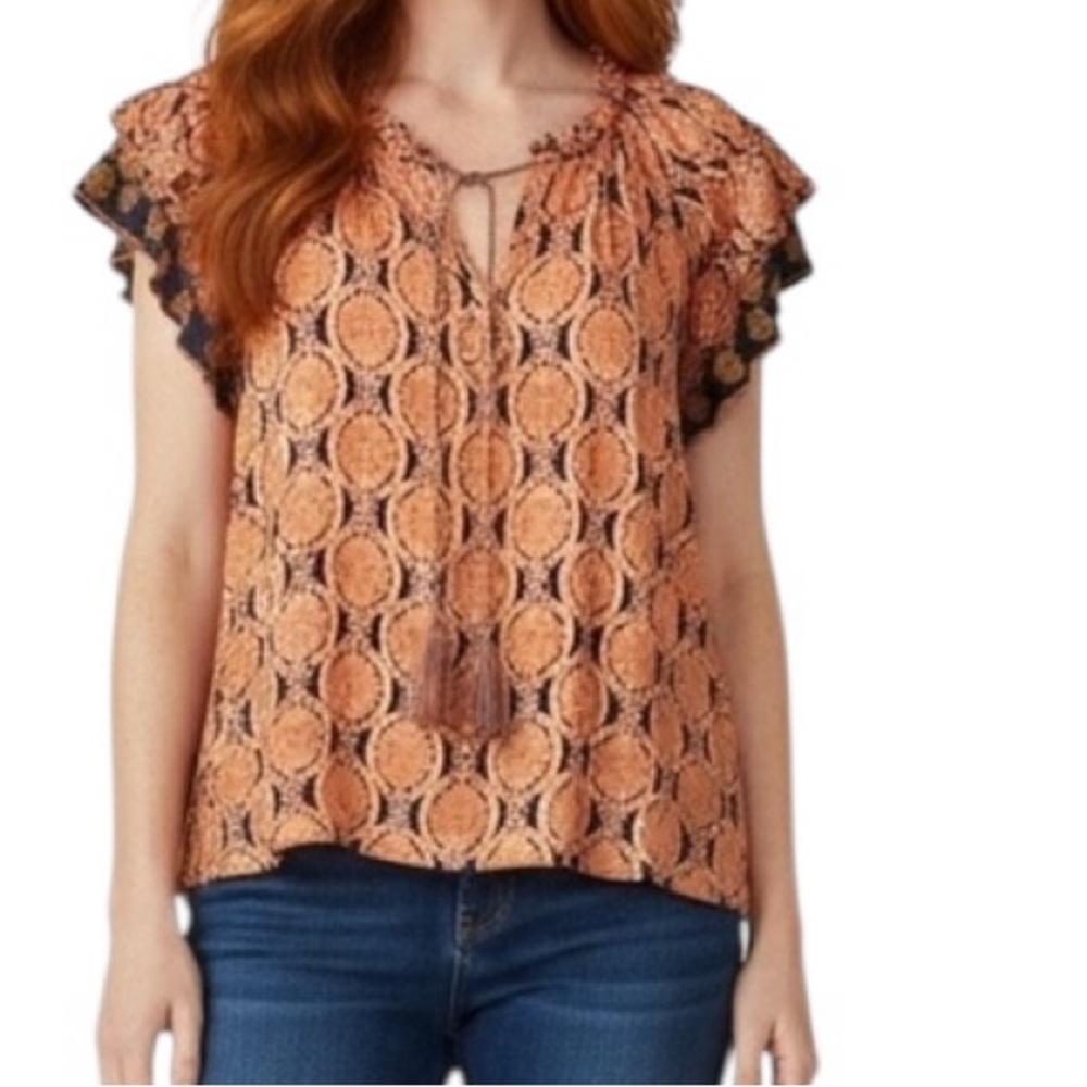 Boho Tassel Tie Orange Printed Cap-Sleeve Top